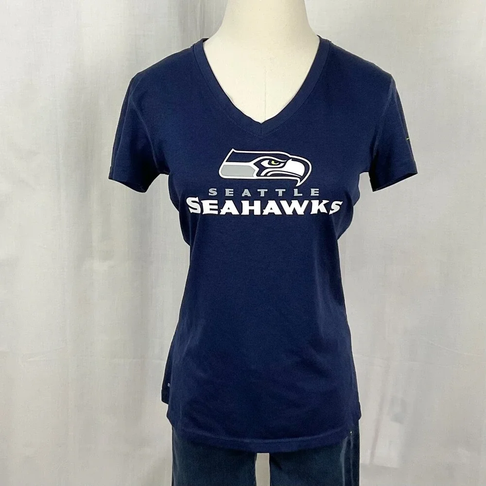 Nike Seattle Seahawks T-Shirt Dri-Fit Navy Short Sleeve V-Neck Ladies Sz Med Tee